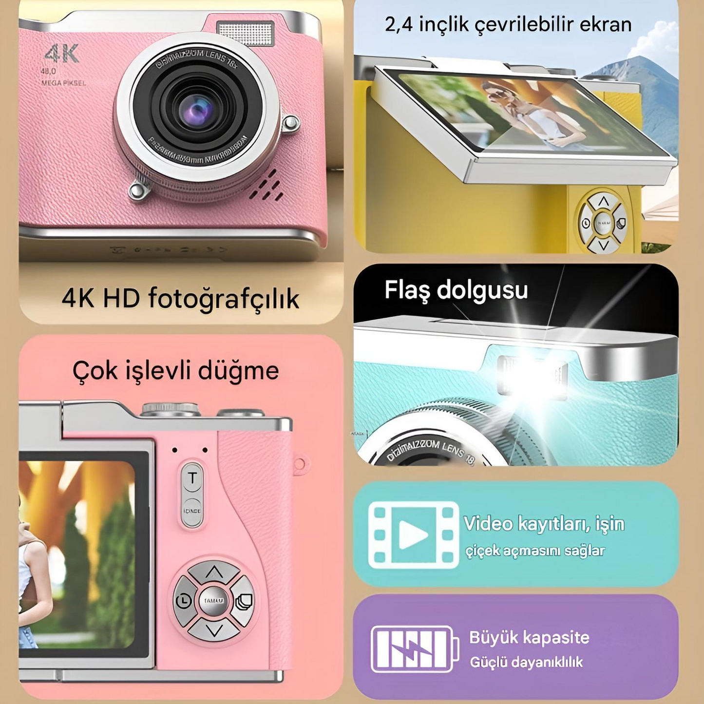 4K Ultra HD Dijital Kamera – 48MP, Çevrilebilir Ekran, Profesyonel Vlog & Fotoğraf Makinesi