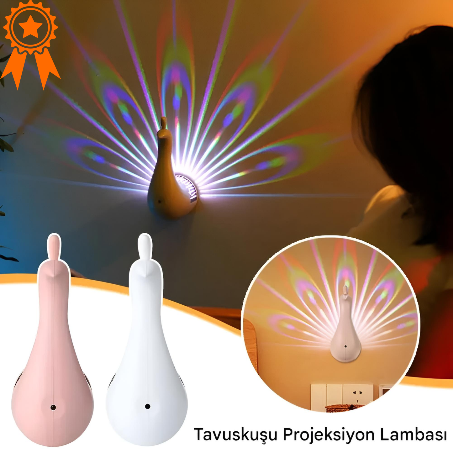 Tavuskuşu Projeksiyon Lambası 🦚 | Dekoratif LED Gece Lambası & Renkli Işık Gösterisi