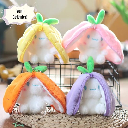 🌈 Meyve Kostümlü Peluş Anahtarlık – Şirin Tavşan Sürprizi 🐰🍓🍍🍊🍇