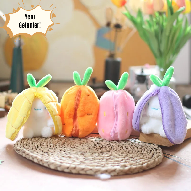 🌈 Meyve Kostümlü Peluş Anahtarlık – Şirin Tavşan Sürprizi 🐰🍓🍍🍊🍇